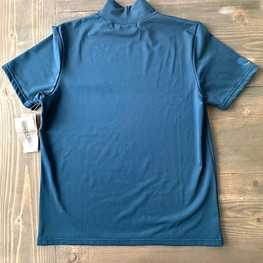 Vintage Amanda Smith Blue Mock‎ Neck Short Sleeve Stretch Top Women's Size M NWT